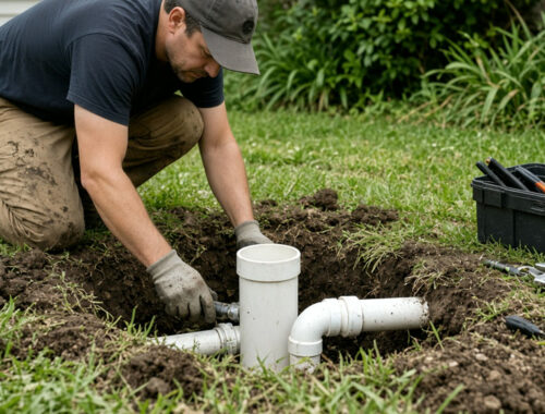 Technician repairing PVC septic riser and pipe connections in a residential yard — Solid State Septic