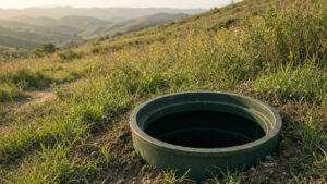 Open septic tank riser on a dry San Diego County hillside after access for solids measurement — Solid State Septic