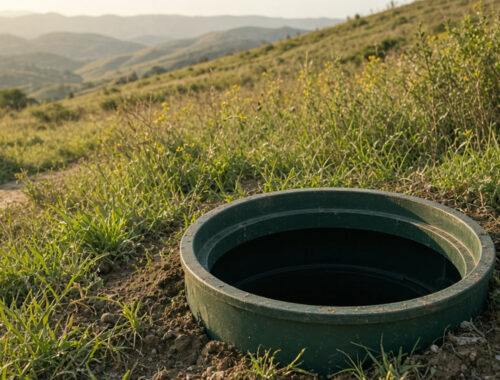 Open septic tank riser on a dry San Diego County hillside after access for solids measurement — Solid State Septic