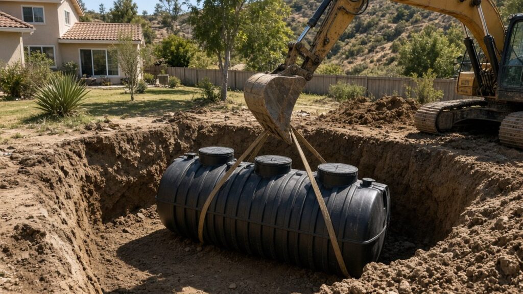 Excavator lowering a black polyethylene septic tank into a residential excavation pit in San Diego County — Solid State Septic