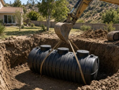 Excavator lowering a black polyethylene septic tank into a residential excavation pit in San Diego County — Solid State Septic