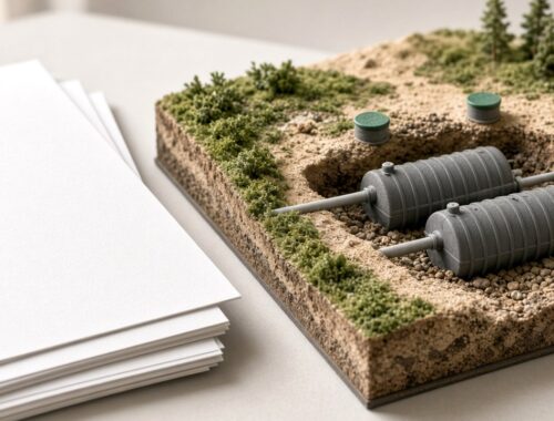 Scale model of a residential septic tank and gravel bed with soil cross-section on a design desk — Solid State Septic