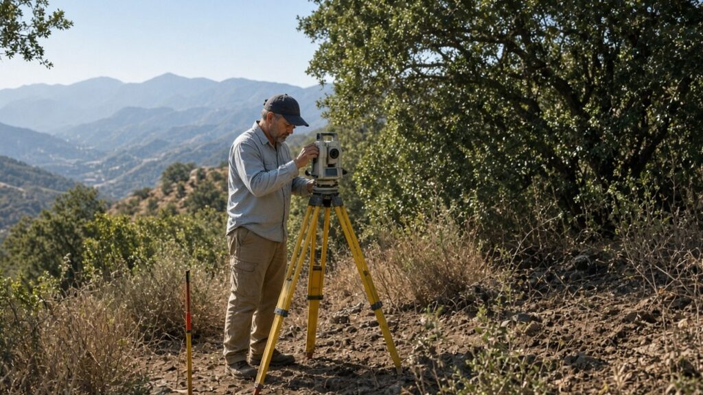 Surveyor with total station on a dry San Diego County hillside during septic site evaluation — Solid State Septic