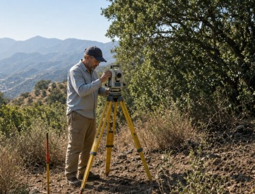 Surveyor with total station on a dry San Diego County hillside during septic site evaluation — Solid State Septic