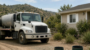 Septic pumper truck beside open green risers at a San Diego County home during professional cleaning — Solid State Septic