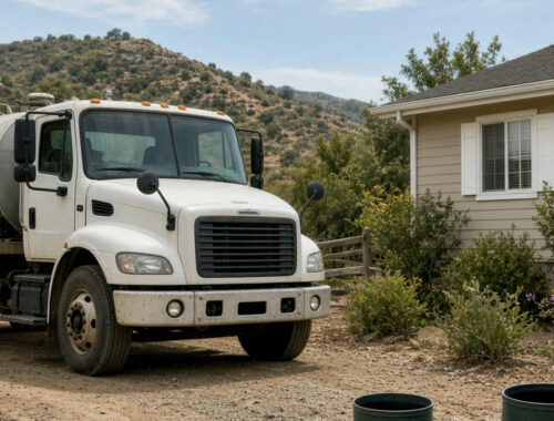 Septic pumper truck beside open green risers at a San Diego County home during professional cleaning — Solid State Septic