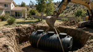 Excavator lowering a black septic tank into a residential pit in San Diego County — Solid State Septic