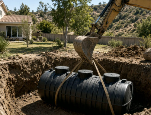 Excavator lowering a black septic tank into a residential pit in San Diego County — Solid State Septic