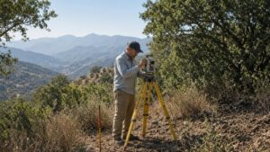Land surveyor with total station on a dry San Diego County hillside during OWTS site engineering — Solid State Septic