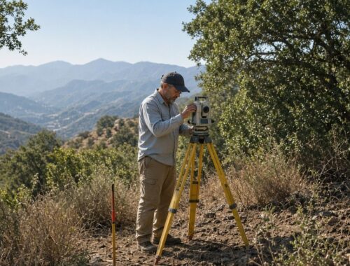 Land surveyor with total station on a dry San Diego County hillside during OWTS site engineering — Solid State Septic