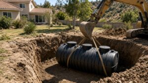 Excavator setting a polyethylene septic tank in a residential excavation pit — Solid State Septic