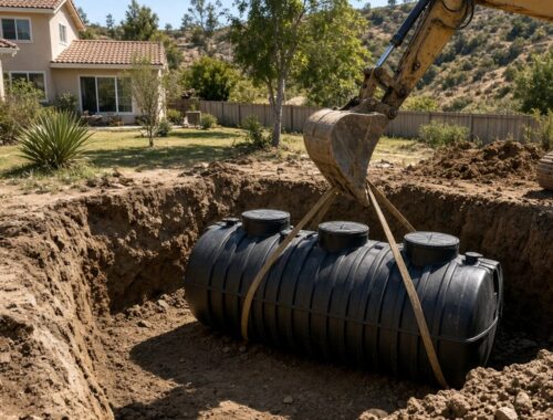 Excavator setting a polyethylene septic tank in a residential excavation pit — Solid State Septic