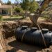 Excavator setting a polyethylene septic tank in a residential excavation pit — Solid State Septic