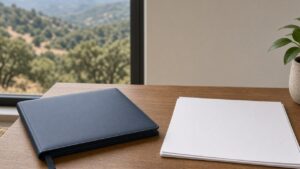 Wooden desk with navy binder and blank documents beside a window overlooking San Diego County hills — Solid State Septic