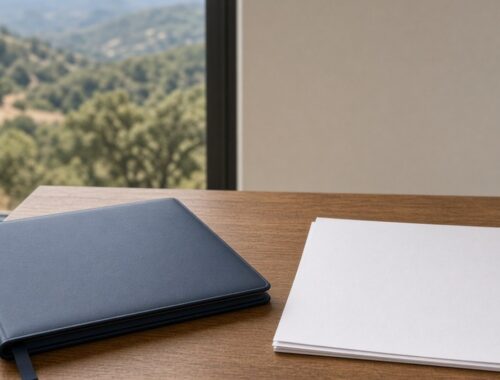 Wooden desk with navy binder and blank documents beside a window overlooking San Diego County hills — Solid State Septic