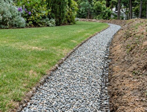 Grassy residential drainage corridor with stormwater channeling away from landscaped yard — Solid State Septic