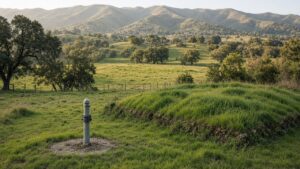 Rural green hillside with septic mound and monitoring pipe under clear San Diego County sky — Solid State Septic
