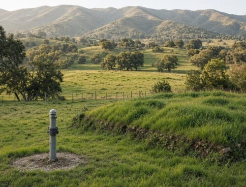 Rural green hillside with septic mound and monitoring pipe under clear San Diego County sky — Solid State Septic
