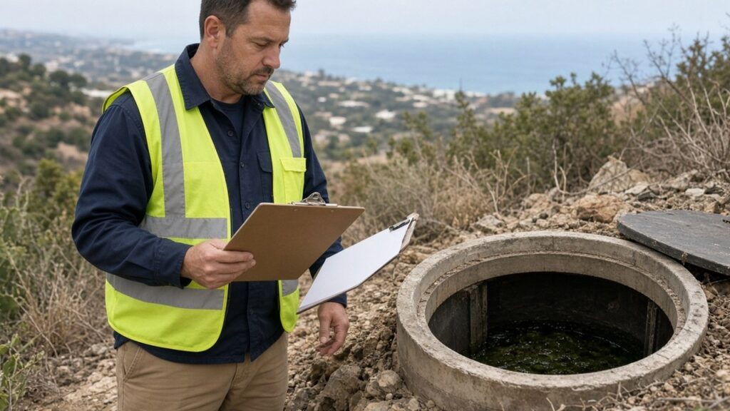 Inspector in safety vest reviewing clipboard beside an open septic tank riser on a coastal San Diego hillside — Solid State Septic