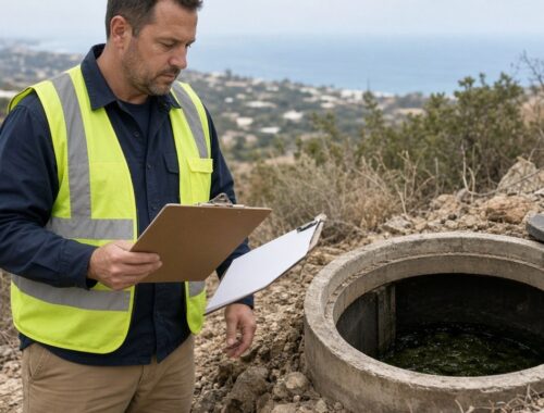 Inspector in safety vest reviewing clipboard beside an open septic tank riser on a coastal San Diego hillside — Solid State Septic