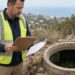 Inspector in safety vest reviewing clipboard beside an open septic tank riser on a coastal San Diego hillside — Solid State Septic
