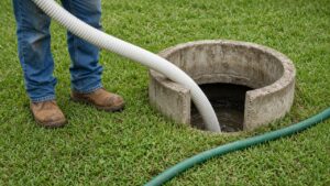 Septic service truck and technician at a residential property