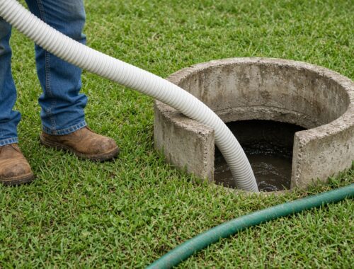 Septic service truck and technician at a residential property