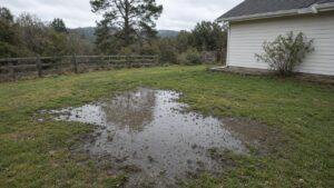 Standing muddy water pooling in a residential backyard after rain near a white house — Solid State Septic