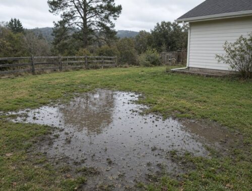 Standing muddy water pooling in a residential backyard after rain near a white house — Solid State Septic