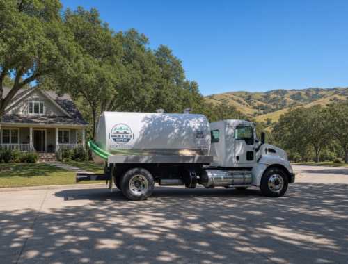 Septic pumping truck parked outside a California home