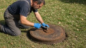 Septic technician inspecting a residential tank lid