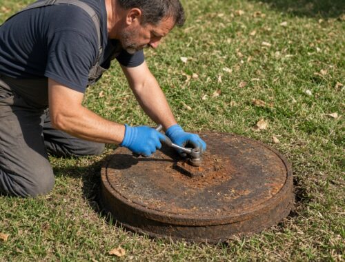 Septic technician inspecting a residential tank lid