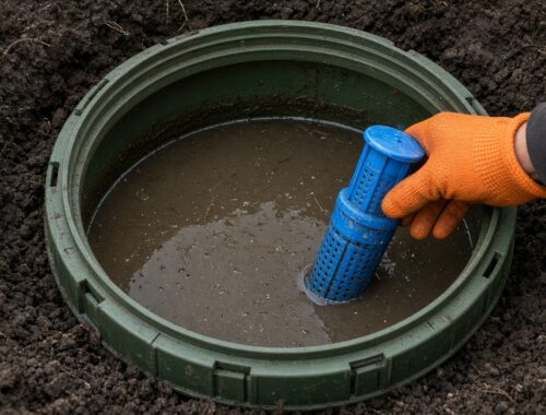 Technician servicing an open septic tank